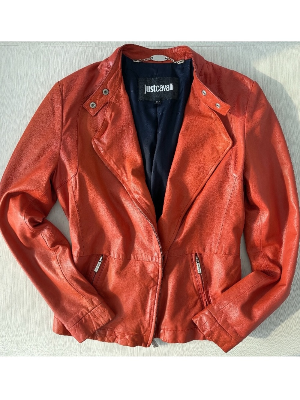 Just Cavalli Coral Red Lambskin Leather Moto Jacket IT 42